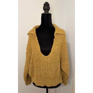 Free People Love This City Cropped Mustard V-Neck Collared Sweater Size S